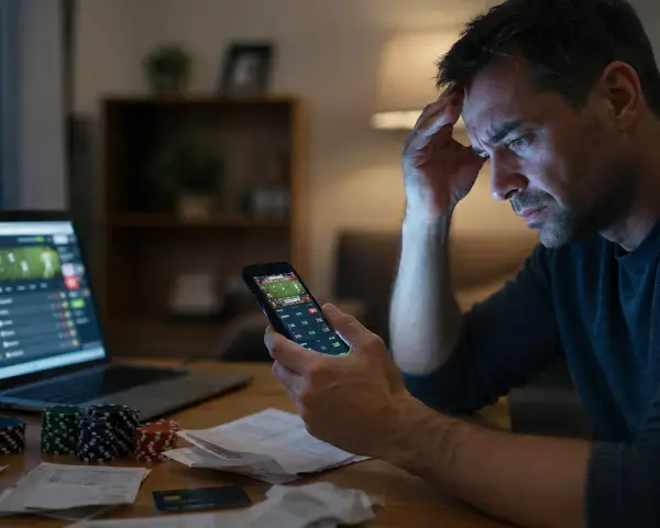 Zmartwiony mężczyzna z telefonem i laptopem, na których widać strony bukmacherskie. Stosy żetonów i rachunków sugerują problem z hazardem w internecie.