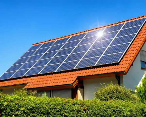Instalacja fotowoltaiczna 10 kW cena z montażem na dachu domu pod błękitnym niebem.