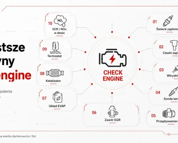 Najczęstsze przyczyny zapalenia się kontrolki check engine: świece, cewki, wtryskiwacze, sonda lambda, przepływomierz MAF, zawór EGR, układ EVAP, katalizator, termostat, SCR/NOx.
