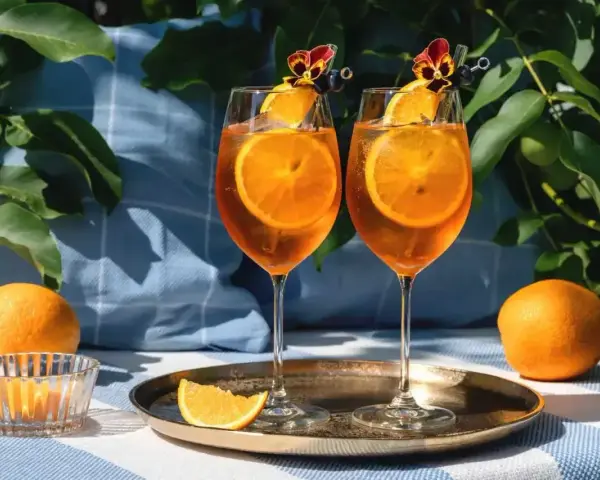 Dwa kieliszki Aperol Spritz z plastrami pomarańczy i kwiatami. Czy aperol można pić sam? Tak, ale najlepiej smakuje w towarzystwie!