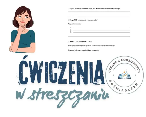Ilustracja z dziewczynką zastanawiającą się nad tym, jak napisać streszczenie. Ćwiczenia ze streszczania.