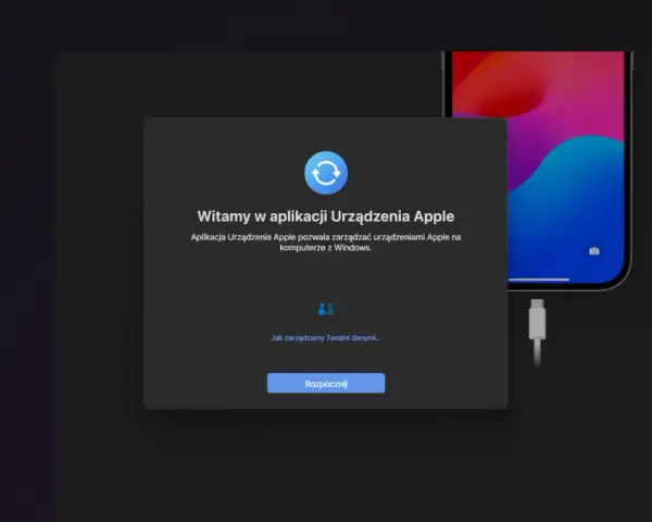 Aplikacja Urządzenia Apple na Windows, gotowa do zarządzania Twoim iPhonem i wykonania backupu.