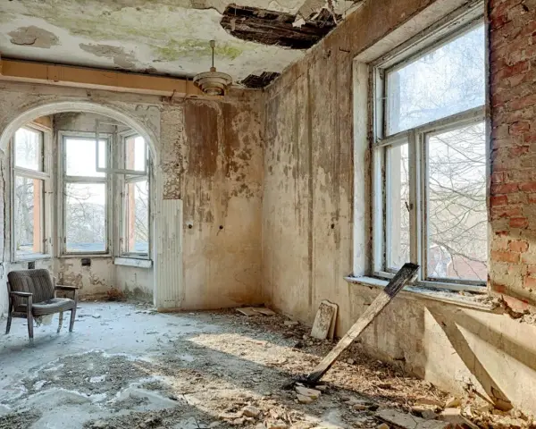 Interno di una casa a botte in rovina, con pareti scrostate, soffitto sfondato e un vecchio mobile.