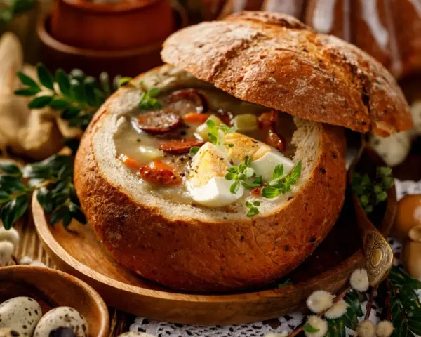 Pyszny żurek podany w wydrążonym bochenku chleba, z kiełbasą, jajkiem i ziołami. Idealny chleb do żurku na Wielkanoc.