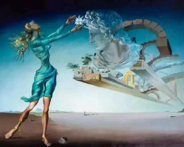 En kvinna i blå klänning sträcker sig mot en byst i en drömsk landskap, typiskt för Salvador Dalí målningar.
