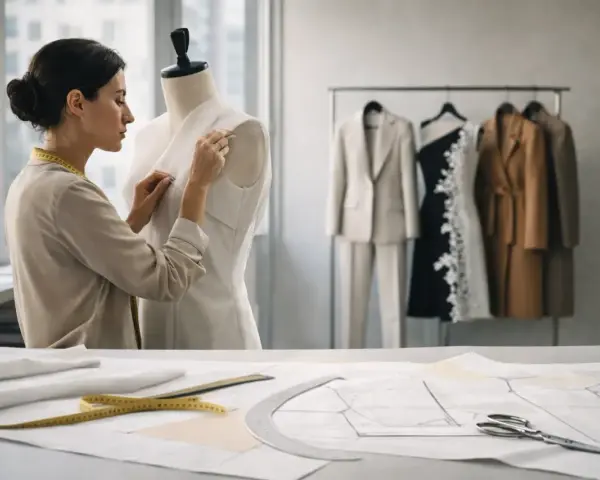 Modista ajusta un vestido en un maniquí, rodeada de patrones y prendas de **marcas pret a porter** colgadas en perchas.