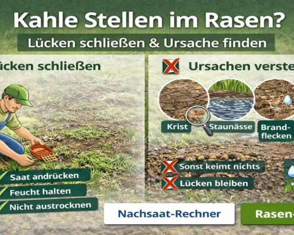 Mann sät Rasen nach, um kahle Stellen im Rasen zu beheben. Ursachen wie Krist, Staunässe, Brandflecken und Hundeurin werden gezeigt.
