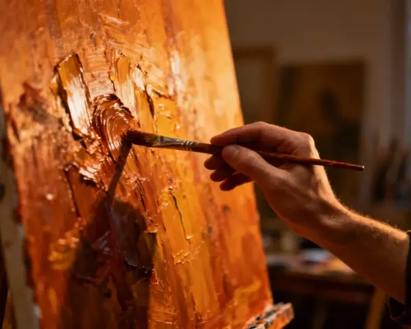 Main d'artiste appliquant la peinture à l'huile avec un pinceau, créant une texture riche sur la toile. La technique de peinture à l'huile est mise en valeur.