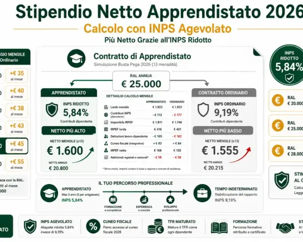 Quanto guadagna un apprendista? Con INPS agevolato, il netto mensile può superare i 1.600€ per una RAL di 25.000€.