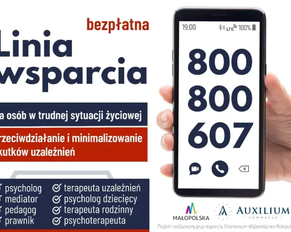 Darmowa infolinia dla alkoholików i ich bliskich. Numer 800 800 607 oferuje wsparcie psychologiczne, mediacje i pomoc prawną.