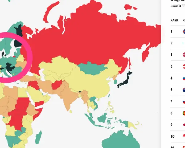 Mapa świata z zaznaczonymi krajami. Islandia jest na pierwszym miejscu jako najbezpieczniejszy kraj na świecie.