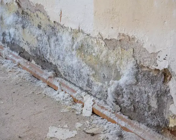 Mur dégradé par l'humidité, recouvert de salpêtre blanc. Une canalisation en terre cuite est visible à la base. Il faut nettoyer ce salpêtre.