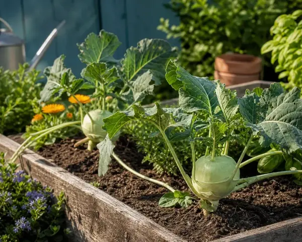 Kohlrabi wächst prächtig im Hochbeet, umgeben von Kräutern und Blumen. Gute Nachbarn für eine reiche Ernte.