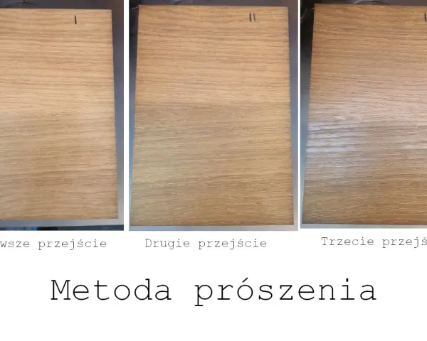 Trzy próbki drewna pokazują efekt bielenia. Pierwsza próbka jest naturalna, druga lekko bielona, a trzecia mocno bielone drewno.