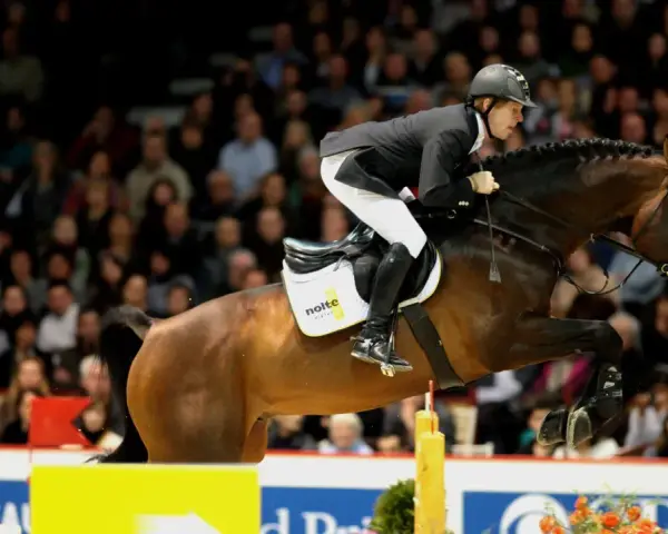 Le jeune cavalier Sandro, en plein saut d'obstacles, impressionne la foule.