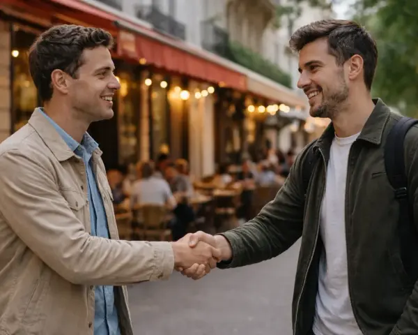 Dos hombres sonríen mientras se dan la mano frente a un café parisino. Uno le dice al otro "merci" para agradecerle en francés.