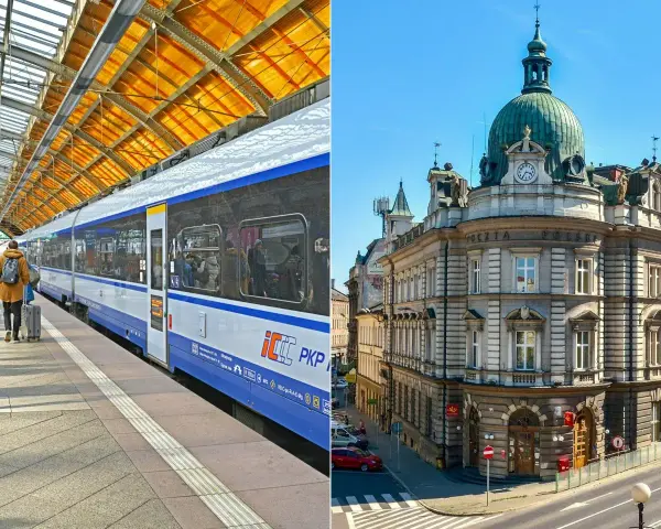 Pociąg PKP IC na peronie, gotowy do podróży. Obok zabytkowy budynek Poczty Polskiej. Czy to początek drogi do Wiednia?