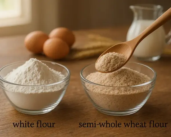 Deux bols de farine, l'un blanc, l'autre semi-complet, avec des œufs et du lait en arrière-plan. Une cuillère montre la farine semi-complète, une option pour remplacer la farine blanche.