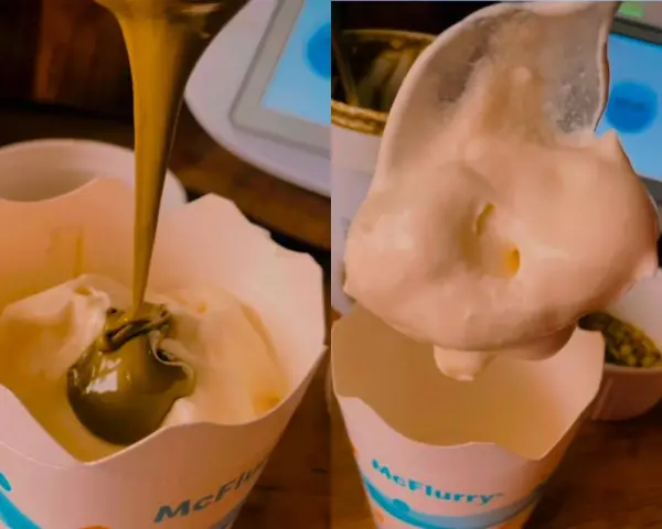 Pistacjowy sos spływa do kubeczka McFlurry, a potem łyżka unosi puszysty deser.