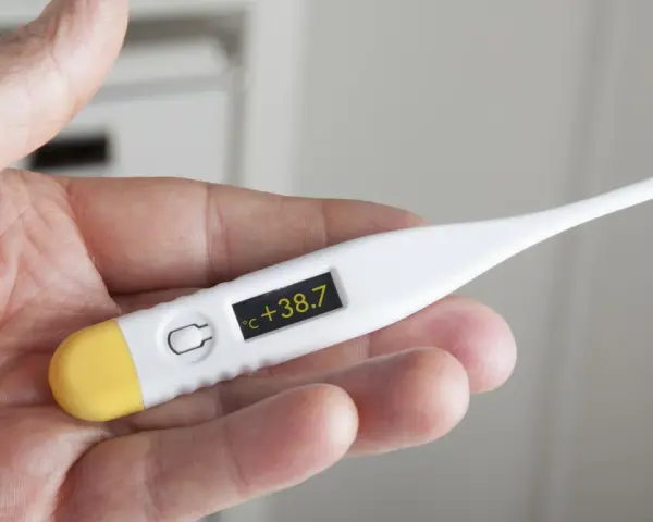Dłoń trzyma termometr wskazujący 38.7°C. Czas na działanie, jak zbić gorączkę.