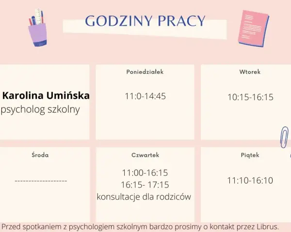 Grafika przedstawia grafik pracy p. Karoliny Umińskiej, psycholog szkolny. Sprawdź, ile wynosi etat pedagoga szkolnego, przeglądając godziny pracy od poniedziałku do piątku.