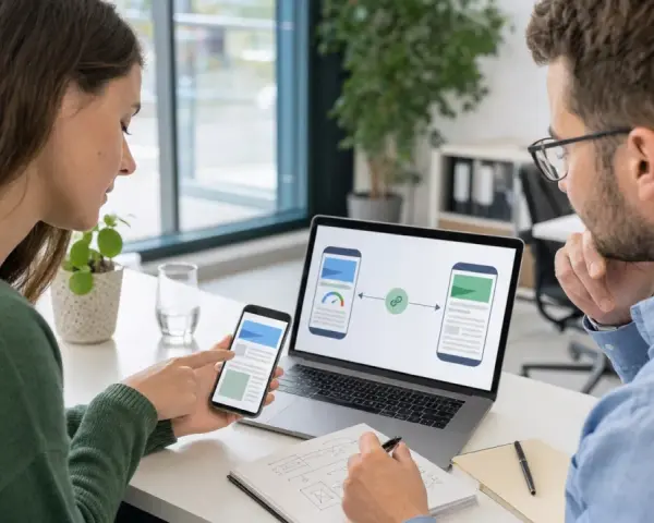 Zwei Personen besprechen am Laptop und Smartphone ein Webdesign. Die Bildschirme zeigen eine Verknüpfung, die an amp google erinnert.