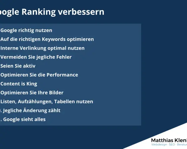 Tipps zur Verbesserung des Google Rankings, inklusive Video SEO. Liste mit 11 Punkten, von Keywords bis zur Bildoptimierung.