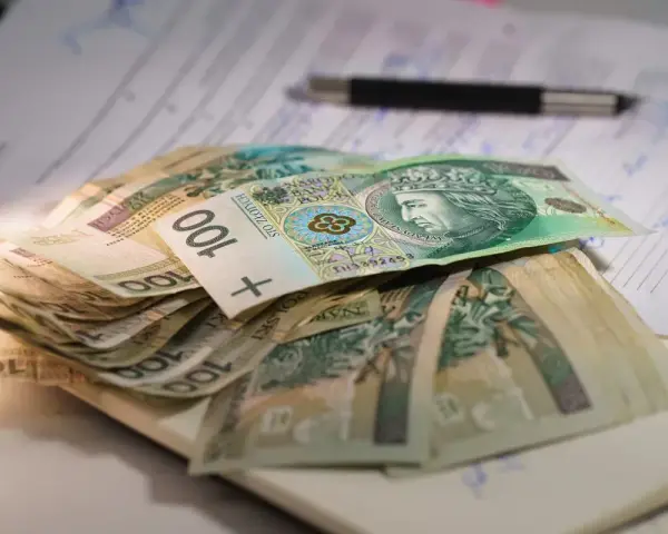 Stos banknotów 100 zł na dokumentach. Czy to wystarczy na najniższą emeryturę?
