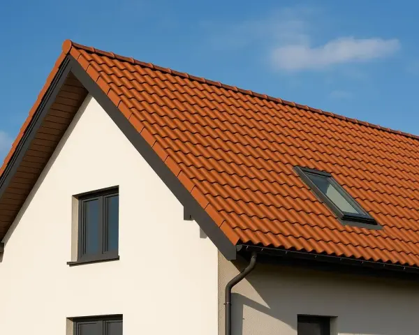 Nowy dom z czerwoną dachówką i oknem dachowym. Solidna konstrukcja dachu dwuspadowego chroni przed deszczem.