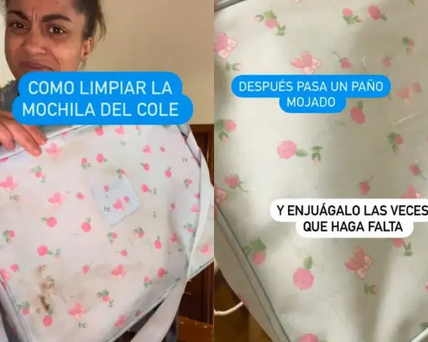 Mochila sucia con flores y mariposas. Aprende como limpiar una mochila sin mojarla, usando un paño húmedo y enjuagando las veces necesarias.