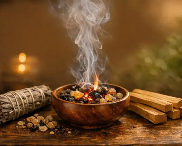 Humo ascendente de resinas en un cuenco de madera, junto a un atado de salvia y palos de palo santo. Aprende como leer el humo del palo santo.