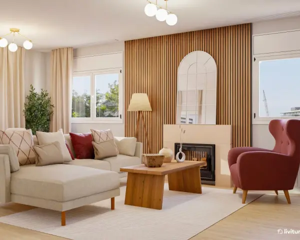 Sofá modular beige, sillón rosa, mesa de centro de madera y chimenea con espejo arqueado. Un espacio con un diseño aesthetic acogedor.