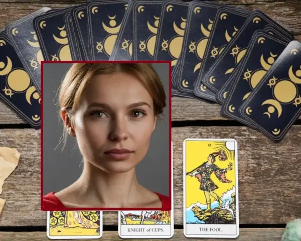 Portret kobiety nad rozłożonymi kartami tarota. Wróżba tarot na jutro dla bliźniąt.
