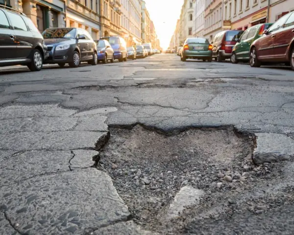 Un cratere nel marciapiede, con auto parcheggiate sullo sfondo. La gomma tagliata dal manto stradale crea un ostacolo pericoloso.