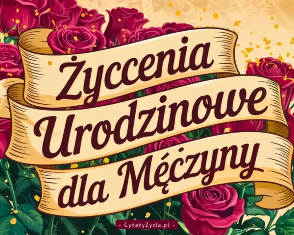 Eleganckie życzenia urodzinowe dla mężczyzny na tle bujnych, czerwonych róż.
