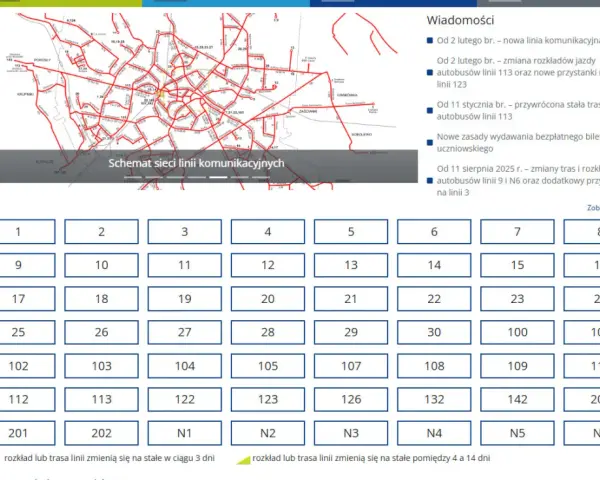 Schemat sieci komunikacyjnej z widocznym rozkładem jazdy linii 50. Dostępne są numery linii od 1 do 202 oraz linie N1-N6.