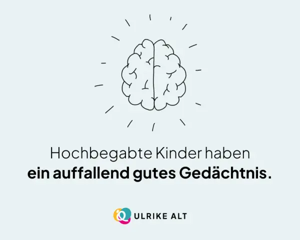 Ein Gehirn-Symbol über dem Text "Hochbegabte Kinder haben ein auffallend gutes Gedächtnis." Dies könnte Teil eines hochbegabte Kinder Tests sein.