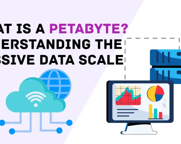 Was kommt nach Terabyte? Ein Petabyte ist eine riesige Datenmenge, dargestellt durch Server, Cloud und Computer mit Diagrammen.