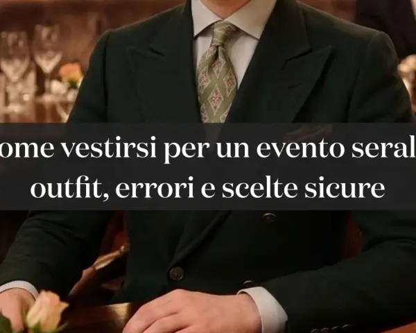 Uomo con giacca verde scuro e cravatta a rombi, perfetto per un dress code elegante serale.