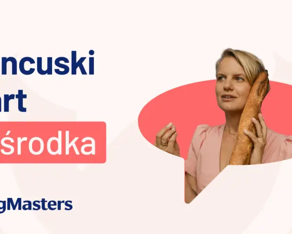 Francuski Start od środka – jak nauczyć się francuskiego? Kobieta z bagietką przy uchu, jakby rozmawiała po francusku.