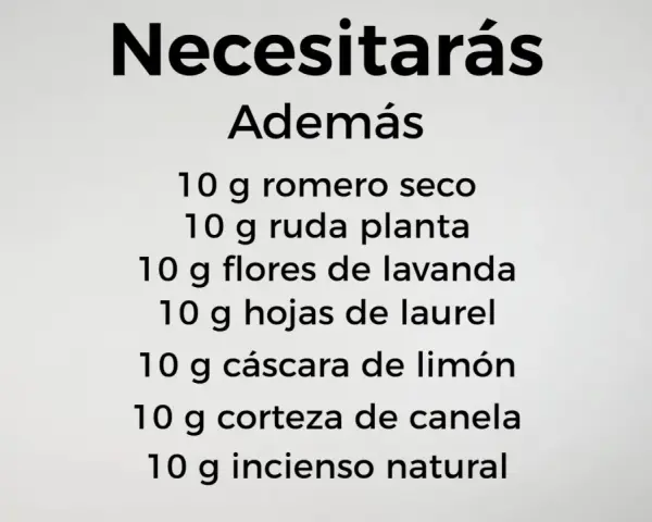 Lista de ingredientes para como hacer un sahumerio: romero, ruda, lavanda, laurel, limón, canela e incienso.