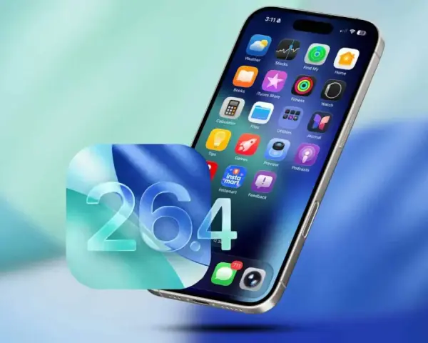 Nowe funkcje w iOS 26.4 na iPhonie: ikony aplikacji, w tym "Instamart", i powiadomienia.