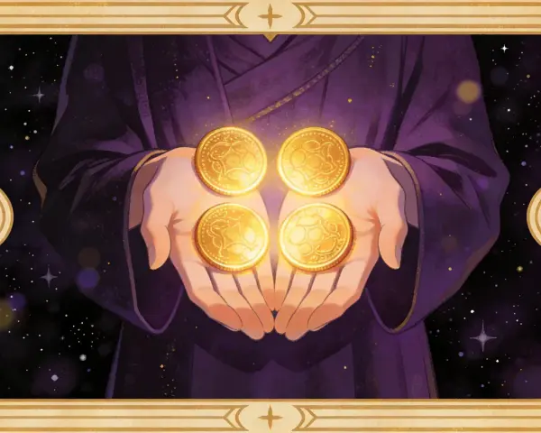 Dłonie trzymają cztery złote monety, symbolizujące paź monet tarot. Tło to nocne niebo pełne gwiazd.
