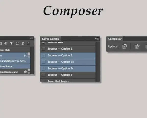 Panel "Composer" z wtyczkami do Photoshop, pokazujący warstwy, kompozycje warstw i opcje aktualizacji.