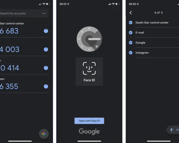 Aplikacja authenticator pokazuje kody do logowania: Death Star control center, E-mail, Google, Instagram.