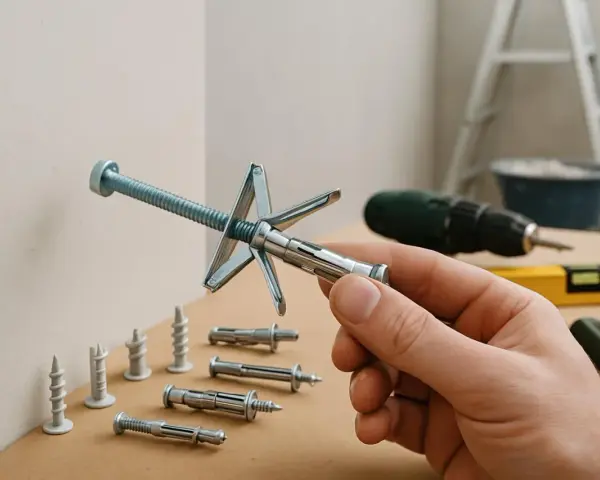 Main d'un bricoleur tenant un cheville métallique pour charge lourde sur carreau de plâtre. Divers chevilles et outils en arrière-plan.