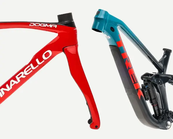 Red Pinarello carbon frame vs. teal Trek mountain bike frame.