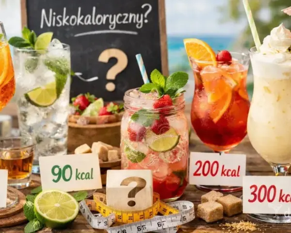 Kolorowe drinki z owocami i miętą, z etykietami kaloryczności. Czy to niskokaloryczny pornstar martini?