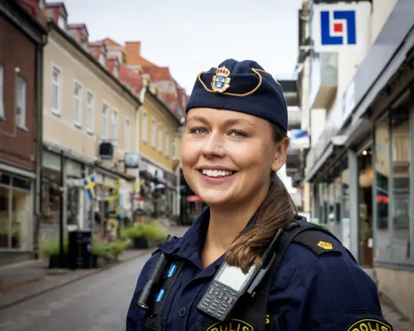 En ung poliskvinna ler mot kameran på en gata i Sverige. Hon bär uniform och utrustning, redo att rycka ut om larmet går.