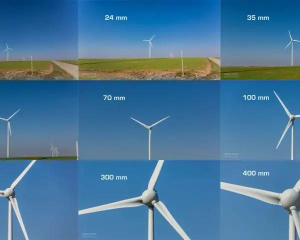 Comparaison de la distance focale sur des éoliennes : de 17 mm à 400 mm, l'effet de zoom change la perspective.